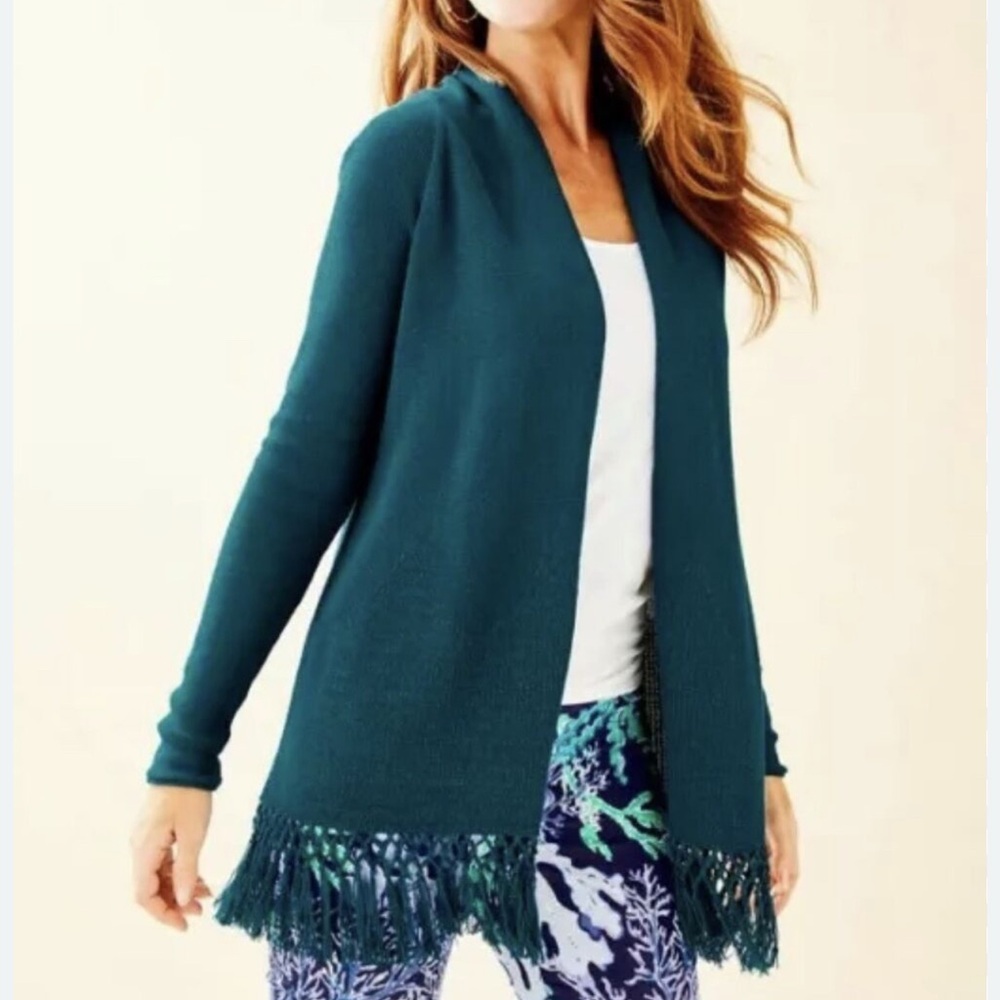 Lilly Pulitzer Tatum Fringe Hem Long Cardigan Sweater Open Inky Tidal Sz XXS